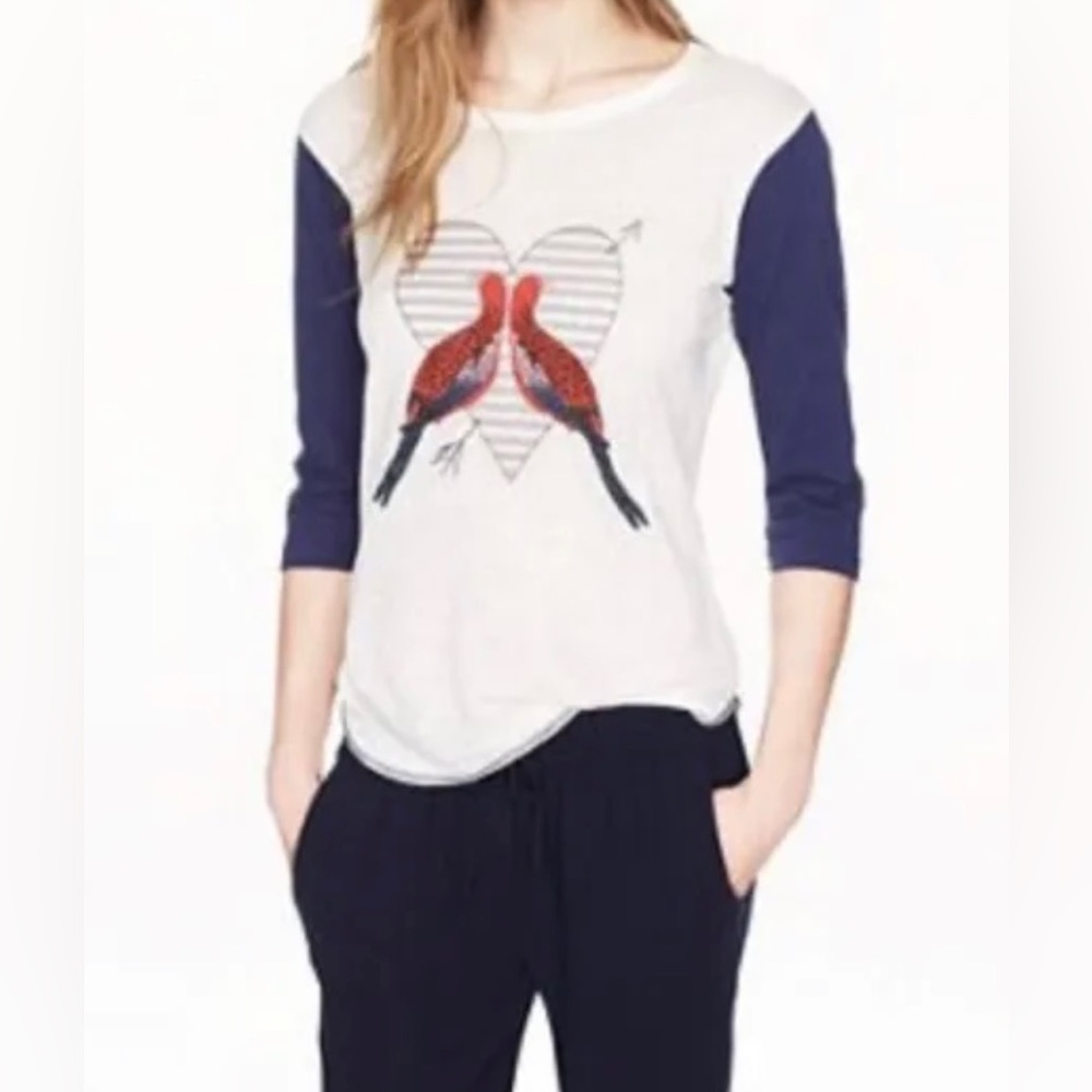 J Crew Womens XS Blue Ivory Lovebirds Baseball Tee Boho Preppy Y2K Streetwear